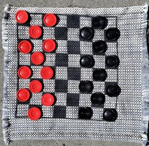 Vintage Cloth Checker Game-approx 12" x 12" "board with 12 Red & 12 Black pawns - Picture 1 of 2