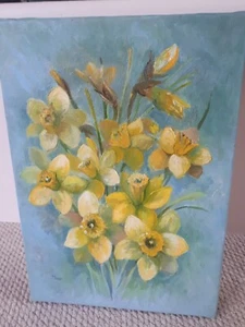 Vintage Oil Painting Daffodils Flower Painting Canvas Original Artwork 36cm X 25 - Picture 1 of 17