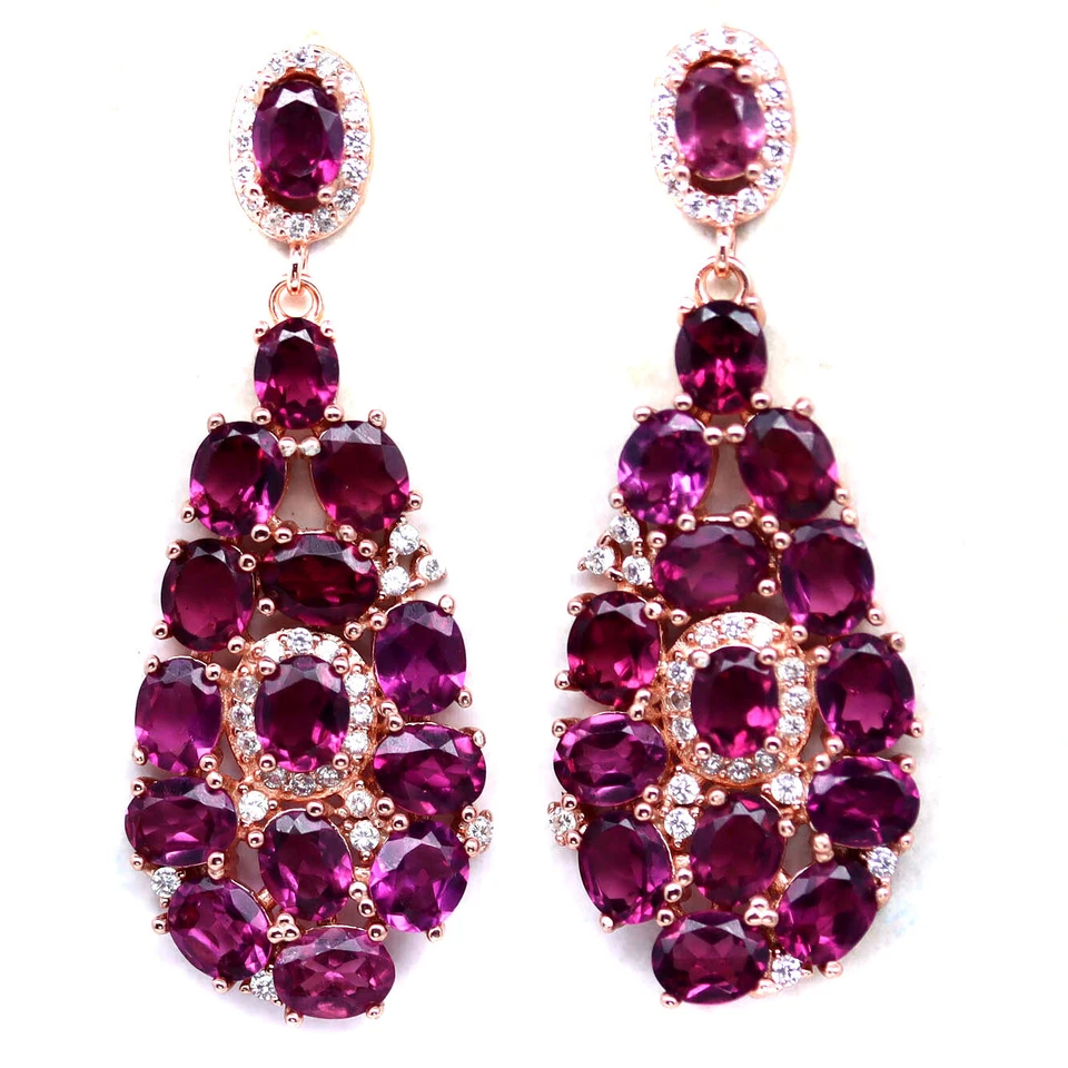 Pendientes de plata de ley 925 con piedras preciosas de granate rodolita roja púrpura, circonitas blancas Foto 1 de 4