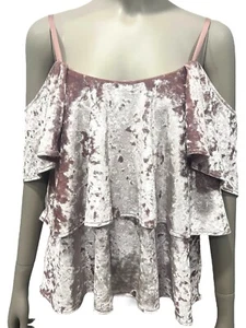 Show Me Your Mumu Womens Blouse Top Pink Velvet Ruffled Cold Shoulder Strap NWT - Picture 1 of 7