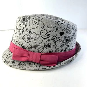 Hello Kitty Fedora Hat Gray Black Pink Bow Sanrio Cat Youth Jersey Knit - Picture 1 of 13
