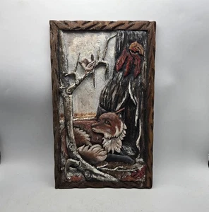 Wood Relief Carving Wall Painting Fox Rustic Folk Art Signed Dobbelaere 3D Vtg - Picture 1 of 21