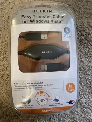 BELKIN EASY TRANSFER CABLE LAPTOP PC COMPUTER 8FT CORD USB to USB SYNC FILES NOS - Image 1 of 4