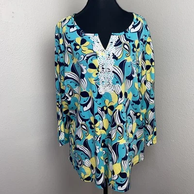 Top para mujer Kim Rogers 1X verde azulado/amarillo algodón encaje cuello en V manga 3/4 pulóver Foto 1 de 4