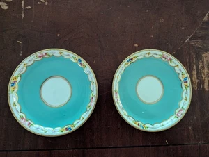 Antique Pair of Turquoise with Floral & Gold Gilt Trim Saucers - Picture 1 of 2