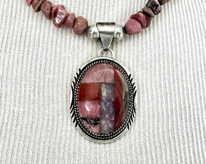 Large Navajo Sterling Silver 925 Pendant Necklace Southwest Mosaic Inlay - Picture 1 of 15