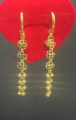 24K Yellow Gold Hoop Diamond Cut Earrings With Flower Charm Dangle - Image 1 of 4