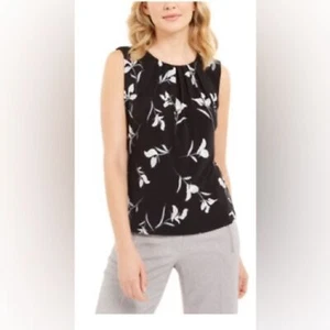 Calvin Klein PXL Floral Pleated Neck Sleeveless Top Back Button Keyhole Closure - Picture 1 of 8