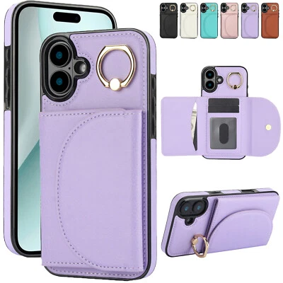 For iPhone 15 16 Pro Max 14 13 Shockproof Leather Wallet Card Ring Holder Case - Image 1 of 4