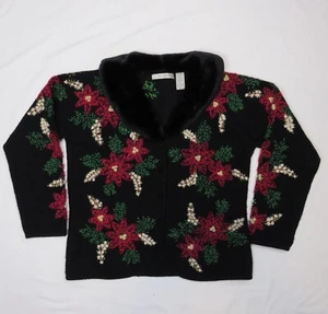 Marisa Christina Wool Embroidered Beaded Rabbit Hair Sweater Size M Poinsettia - Picture 1 of 11