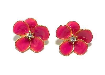 KENNETH JAY LANE, PINK ENAMEL FLOWER STUD EARRING, CRYSTAL CENTER - Image 1 of 4