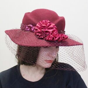 Vintage 50s Sun hat with Veil Lancaster 100% Wool Hat - burg sequin netting hat
