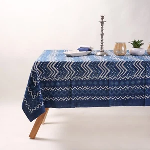 Wen Striped Indigo Blue Hand Block Table Cover Indian Cotton Dining Table Cloth - Picture 1 of 5