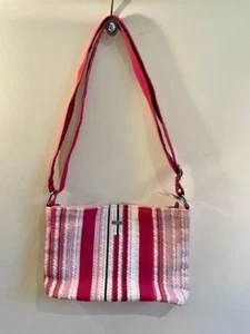 Sand N Sun Pink Striped Canvas Lined Handbag Purse Zipper Closure Adj Strap - Picture 1 of 3
