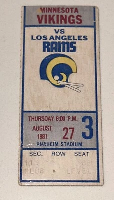 27/08/81 VIKINGS VS RAMS NFL EXHIBICIÓN JUEGO BOLETO TALÓN ESTADIO ANAHEIM GRATIS 7UP Foto 1 de 2