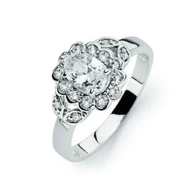 Argento Sterling Zirconi Pietre Fiore Anello W/5mm x 7mm (0.75 KT) Taglio Ovale - Immagine 1 di 2