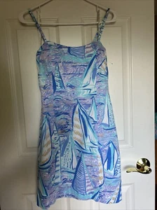 Lilly Pulitzer Stretch Shift Dress All Aboat Time Size 2 blue sailboats tie back - Picture 1 of 15