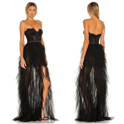 Maxi Vestido For Love & Lemons Bustier Negro Sin Tirantes Volantes Tul Talla S Foto 1 de 4