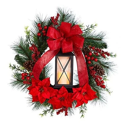  28in. Poinsettia and Berry Holiday Lantern Christmas Wreath with LED  - Image 1 of 4