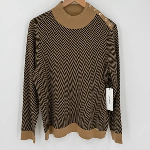 Calvin Klein Chevron Pullover Stehkragen Knopfdetail camel schwarz Damen Large neu mit Etikett - Bild 1 von 8