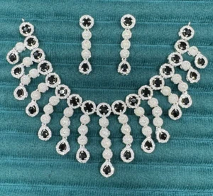 Black Indian Bollywood Silver Plated AD CZ Jewelry Earrings Necklace Bridal Set - Picture 1 of 7