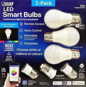 *new* FEIT Colour Change Smart Wi-Fi Bulb 3 Pack E27/B22 800 Lumens - Picture 1 of 1