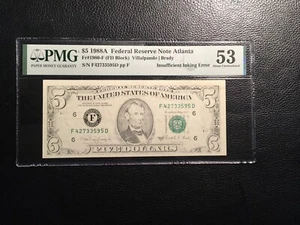 5.00  Error Federal Reserve Note PMG 53 AUInsufficient sinking of second print - Picture 1 of 2