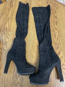 SHOEDAZZLE ~ NEW Women Faux Suede Black Over Knee Lace High Heel Boots Size 7.5 - Picture 1 of 4