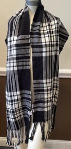 Banana Republic Unisex Scarf Shawl Wool Blend Fringe Black White Plaid 15”x90” - Picture 1 of 6