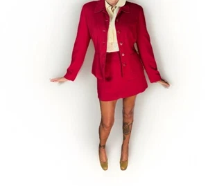 Vintage Women’s Suit 90’s Mini Skirt 2Pc Skirt Lady Jacket Set Burgundy Red Y2K - Picture 1 of 24