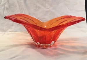 Vintage Orange Folded Art Blown Glass Bowl, Japan - Picture 1 of 9