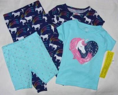CARTER'S GIRL 4ШТ ЕДИНОРОГ СЕРЕБРЯНЫЙ МЕРЦАЮЩИЙ ПИЖАМЫ ХЛОПОК S/S ТОПЫ БРЮКИ 18 М 24 М  - Изображение 1 из 4