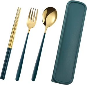 3Pcs Stainless Steel Chopsticks Fork Spoon Set with Travel Case Non-Slip Tabewar - Picture 1 of 7