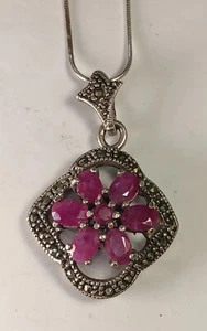Vintage Sterling Silver Rubies And Hematite Pendant Necklace 20" Long - Picture 1 of 5