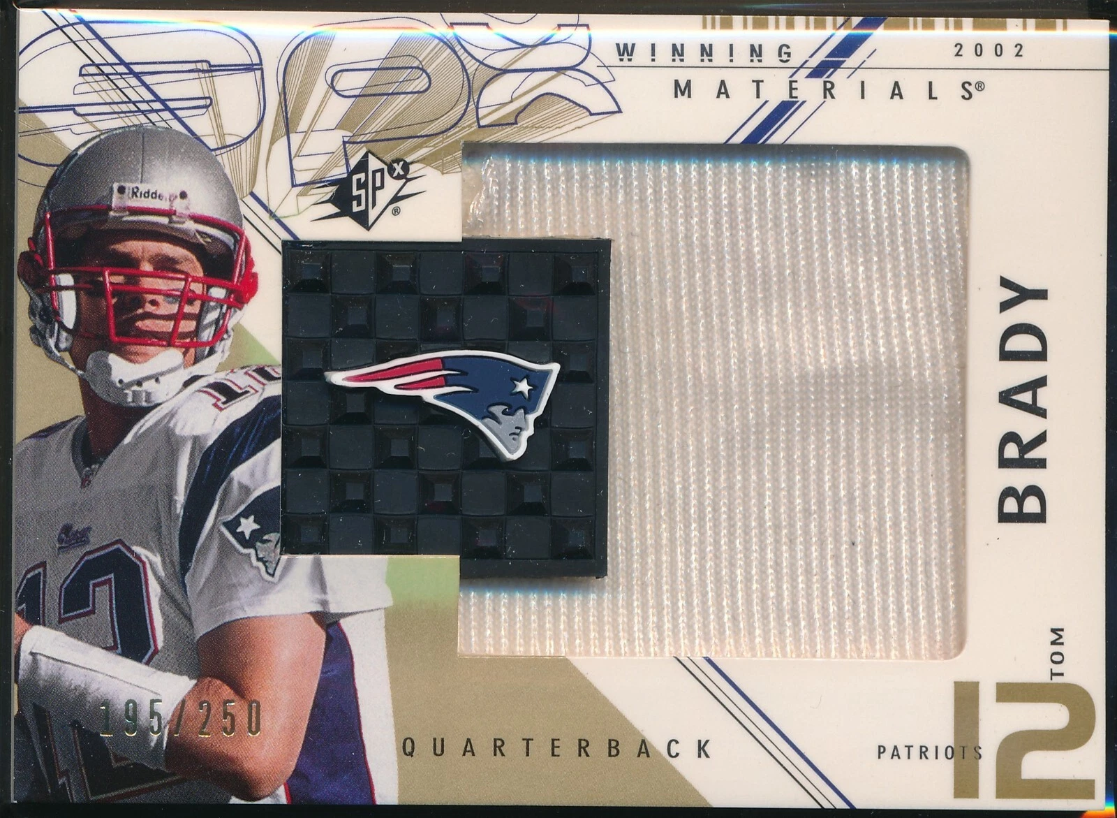 2002 UPPER DECK SPX TOM BRADY WINNING MATERIALS GAME USED JERSEY GOLD /250 CARD