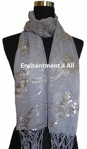 Elegant Lace Floral Pattern Scarf Shawl Wrap w/ Sequin & Crochet Fringe, Gray - Picture 1 of 5