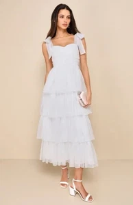 LULUS NUEVO Maxi Vestido Blanco Tul Plisado Lazo Correa En Niveles Talla XL Formal - Imagen 1 de 10