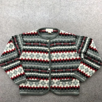 Cardigã suéter feminino vintage Tally-Ho verde médio vermelho ilha justa botão frontal - Imagem 1 de 4