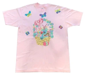 Vtg Hanes Fifty-Fifty Women’s Bunny Basket Butterfly Appliqué Pink T-Shirt XL  - Picture 1 of 10