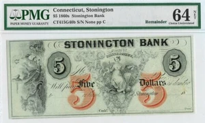 1860's STONINGTON BANK CONNECTICUT $5 OBSOLETE CURRENCY NOTE PMG CHOICE UNC 64* - Picture 1 of 2