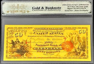 1875 $50 BILL US BANKNOTE IN PROTECTIVE SLEEVE W COA 99.9% 24K GOLD - Image 1 of 4