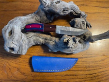 Small Damascus EDC / hunting knife w/ wood stocks leather sheath BUDGET KNIFE