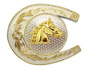 Horse in Horse Shoes Belt Buckle New Men Women Gold Metal Western Cowgirl Rodeo - Picture 1 of 5