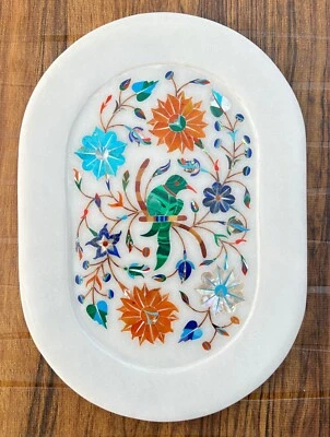 Marble Stone Serving Tray 10"X 7" In Handmade Parrot Gemstone Inlay Work gift - Image 1 of 4