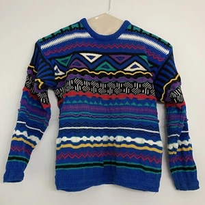 Vintage 90s Mens Large Blue Geometric Colorful Grandpa Coogi Style Retro Sweater - Picture 1 of 5
