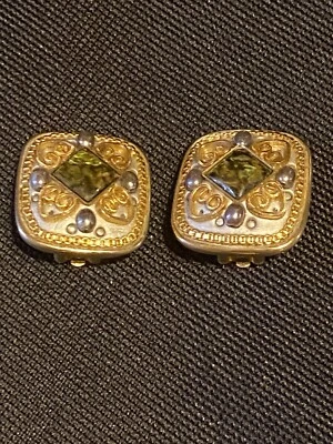 Michal Golan 1980's Abalone shell Enamel Gold Tone Clip On Earrings, Signed - Image 1 of 4