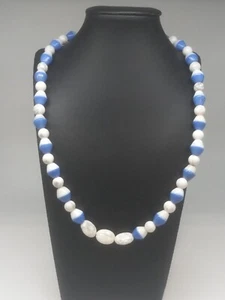  Handwerk Vintage Natursteine blau/weiß Doppelkegel Keramik Perlen Halskette - Bild 1 von 7