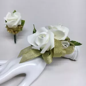 Corsetto da polso doppio avorio rosa su oro metallizzato e boutonniere combo - Foto 1 di 1