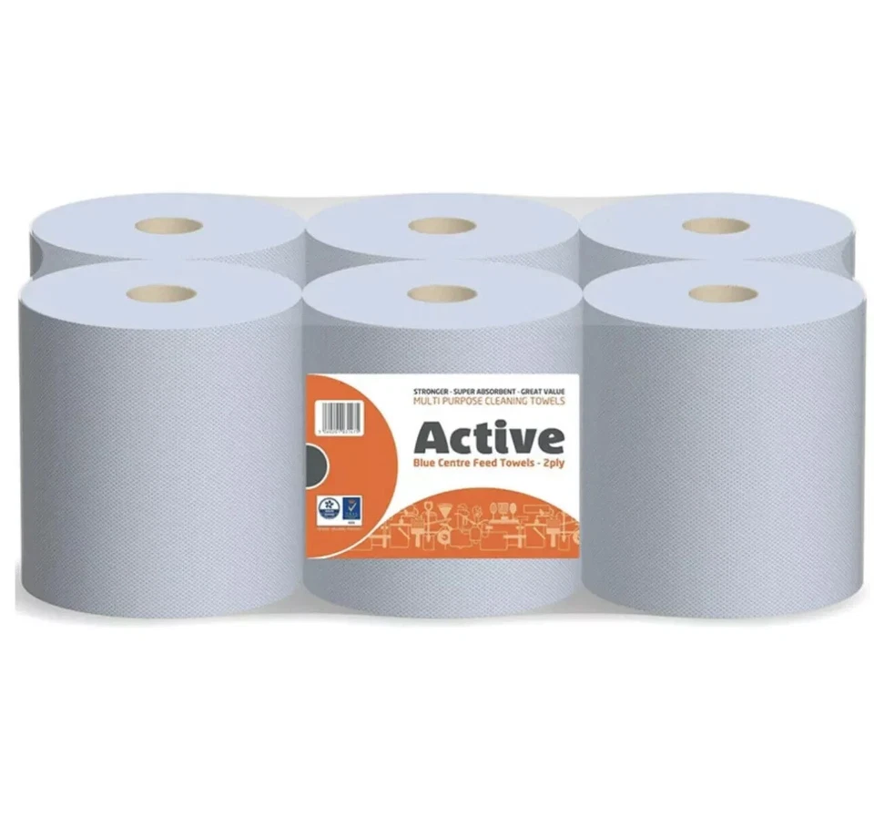 6x ACTIVE BLUE VALUE CENTREFEED PAPER TISSUE ROLL PACK EMBOSSED 300 SHEETS