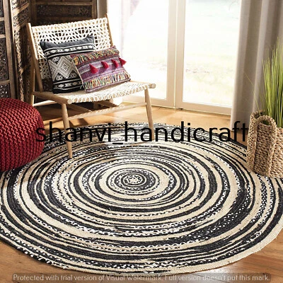 Reversible Round Braided Jute Natural & Multi Colour Cotton Rug Floor Decor Rags - Image 1 of 3